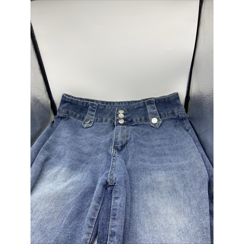 High Waisted Wide Leg Jeans Light Wash Button Fly Snap Hem Denim Blue - Picture 14 of 14